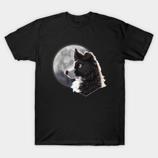 Black Border Collie with Night Sky Full Moon T-Shirt